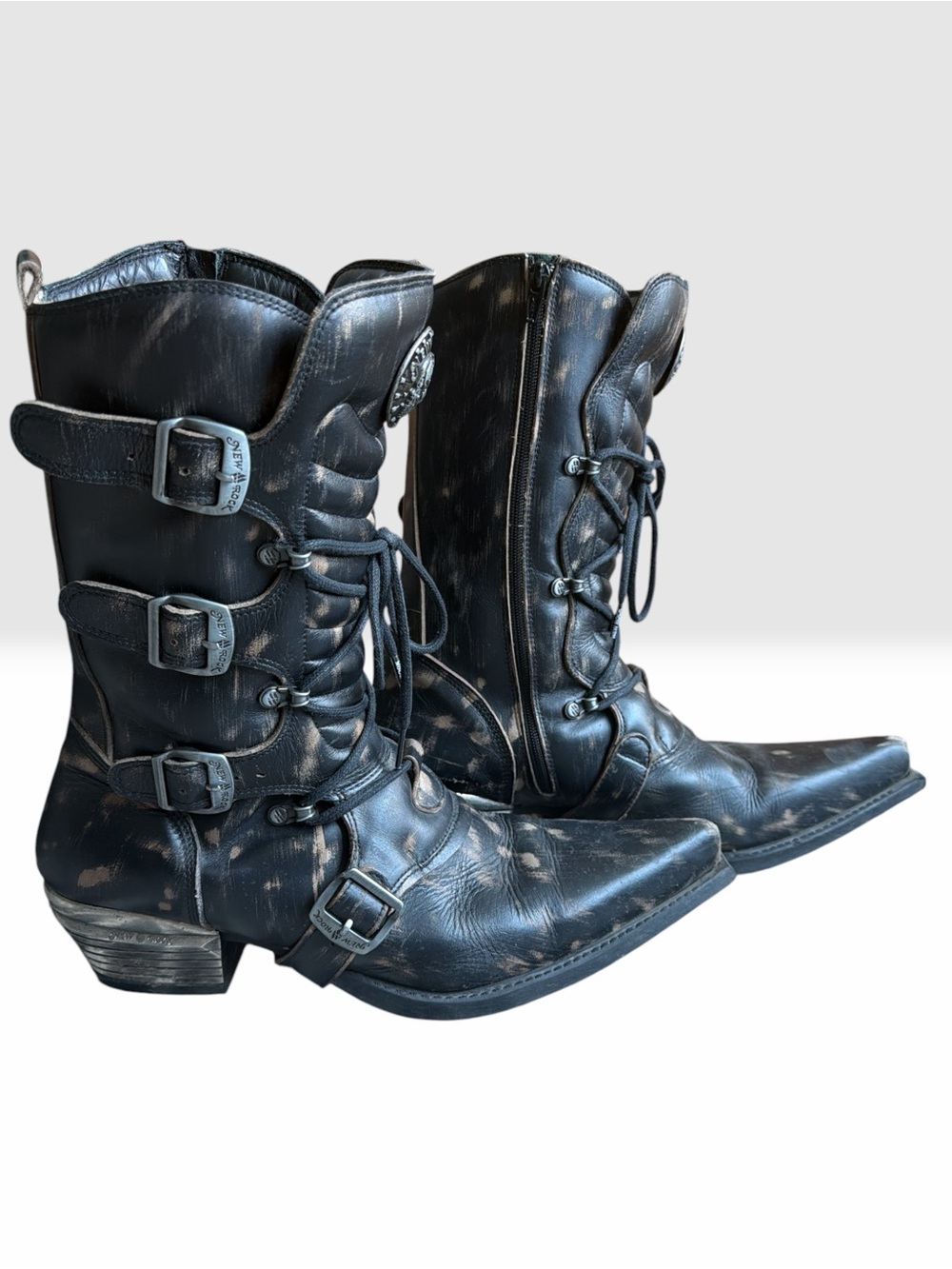 Distressed Black Western Lace-Up Cowboy Boots w/ Buckle Accents Sz US 12. EU 46 - Picture 5 of 10